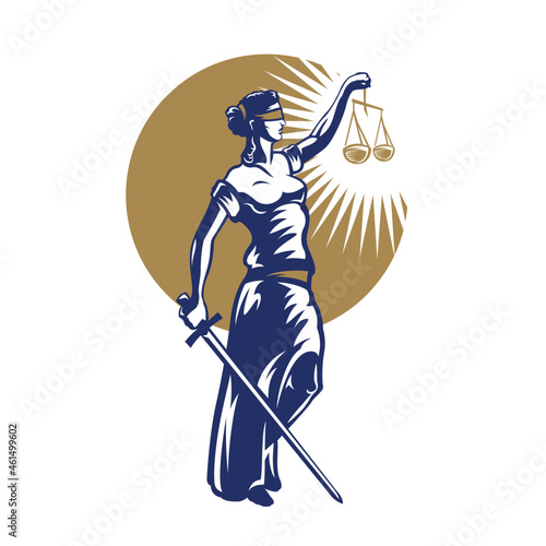 Justice Goddess Themis on the background of sun, lady justice. Logo design with the Statue of Femida for law firm, lawyers, rights attorneys, business law firm.