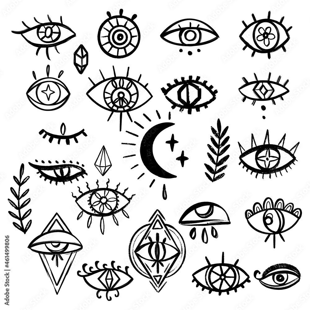 Obraz premium Doodle Eyes hand drawn set. Mystic Symbols Boho collection. Evil Eye, Crescent moon and crystals art.