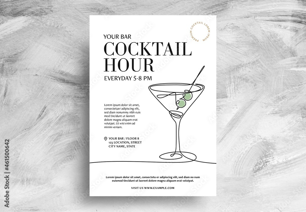 Cocktail Bar Happy Hour Flyer with Martini Illustration Stock Template