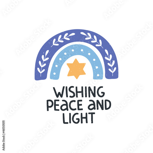 Hanukkah vector celebration typography. Traditional Jewish holiday. Wishing peace and light quote. Chanukah wish isolated on white. Hand drawn Hanuka festive rainbow.