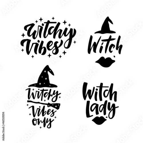 Halloween holiday text with witch hat, broom - Witchy vibes, Witch lady. Hand drawn lettering quote for print, poster, greeting card. 31 october design. Vector illustration isolated on white backgroun