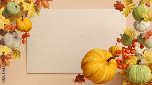 3d illustration with thanksgiving autumn fall background in frame of pumpkins, tomatoes, maple leaves and nuts.