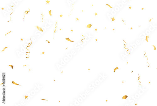 Golden confetti falls on a beautiful background. Falling streamers on stage.	
 photo