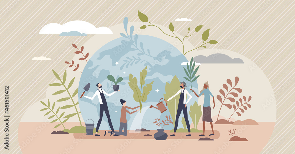 Environmentalism global movement tiny person concept. Sustainability and Earth protection driven community work. Care for living things and clean environment. Protecting ecosystem by volunteering. Environmentalism global movement tiny person concept. Sustainability and Earth protection driven community work. Care for living things and clean environment. Protecting ecosystem by volunteering.