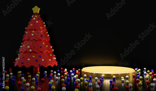 3d rendering gold display podium with Christmas tree in dark room