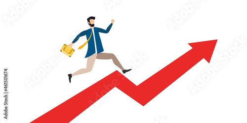 businessman goes to the goal. flat design style minimal vector illustration, businessman holding a flag at the top of a column column.