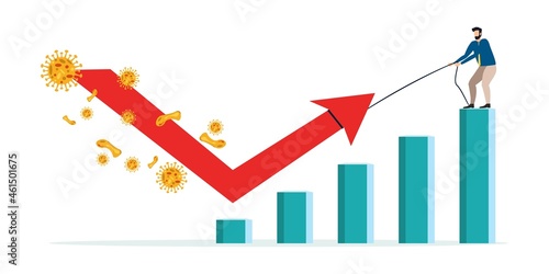 Economic V shape recovery after Coronavirus COVID-19 crash concept. Businessman professional analyse world economic. Business will restore with v shape graph and chart with virus pathogen.