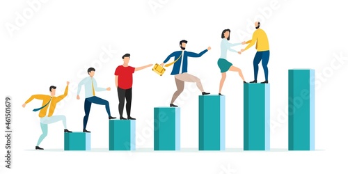 Employees giving hands and helping colleagues to walk upstairs. Team giving support, growing together. Vector illustration for teamwork, mentorship, cooperation concept.