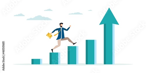 a man climbs the stairs. Motivation. Move up. Way to success. Career growth. All elements are isolated. The market is up. Vector illustration.