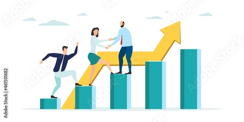 Employees giving hands and helping colleagues to walk upstairs. Team giving support, growing together. Vector illustration for teamwork, mentorship, cooperation concept.