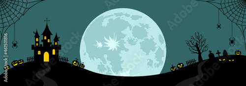 Full moon and black silhouettes of castle, spiders on web, pumpkins, graveyard on a blue background with copy space. Halloween banner. Flat vector illustration