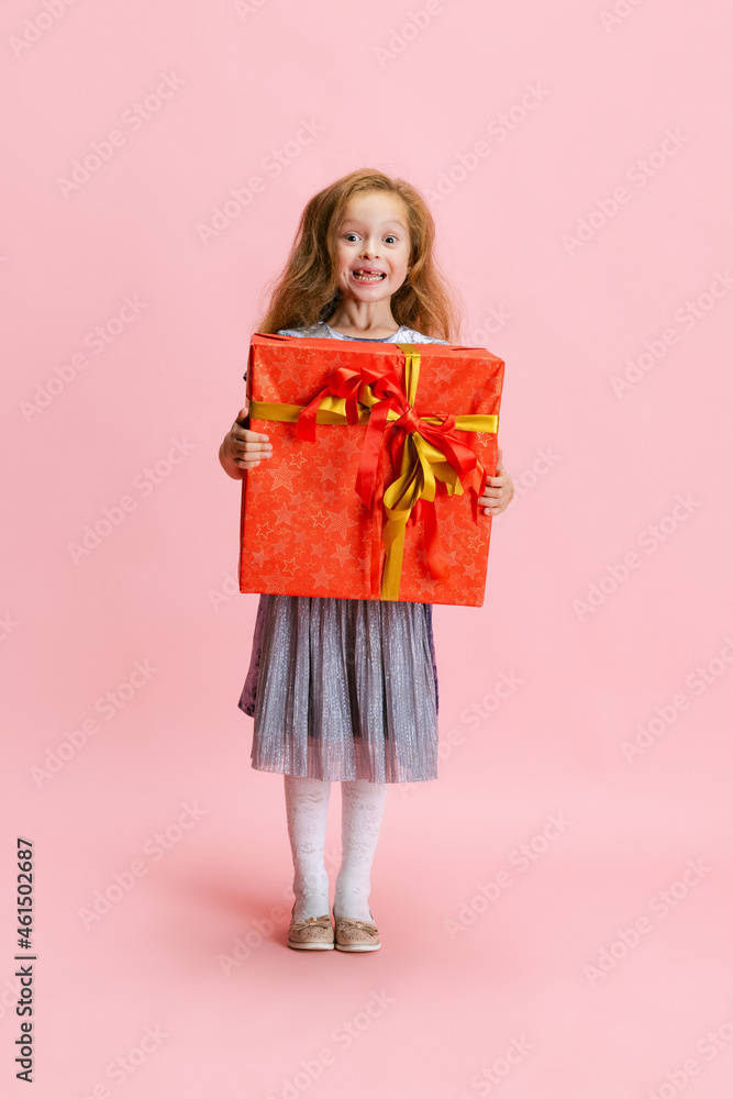 One happy cute caucasian little girl weraing holiday dress standing with huge gift, present box isolated on pink studio background. One happy cute caucasian little girl weraing holiday dress standing with huge gift, present box isolated on pink studio background.