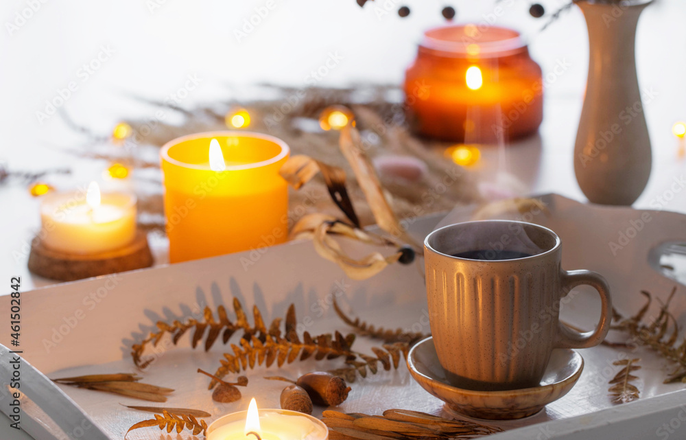 Fototapeta premium two cups of coffee and autumn decor on white wooden tray