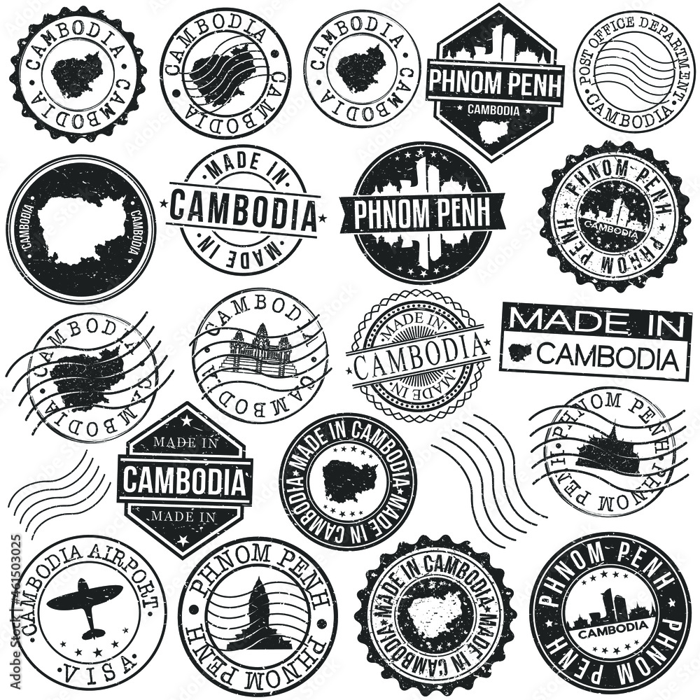 Fototapeta premium Phnom Penh, Cambodia Set of Stamp. Vector Art Postal Passport Travel Design. Travel and Business Seals.