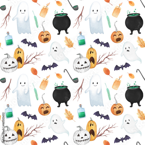 Halloween ghosts, pumpkins and potions seamless pattern. Spooky Halloween background