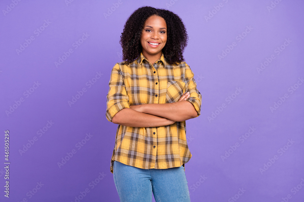 Photo of self-assured business lady folded arms wear checkered shirt isolated violet color background Photo of self-assured business lady folded arms wear checkered shirt isolated violet color background
