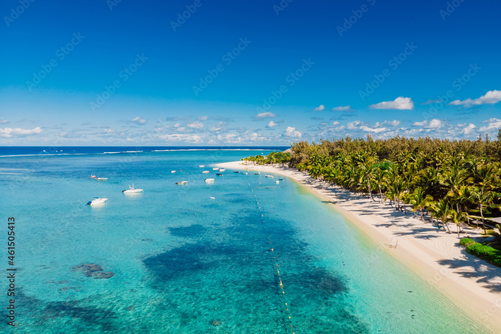 Tropical beach with mountain in Mauritius. Beach with palms and blue ocean. Aerial view