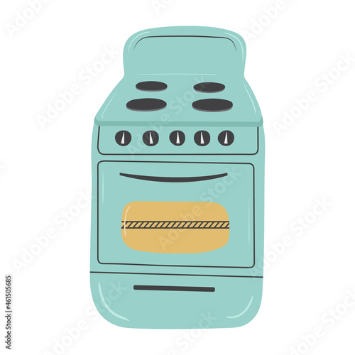 Hand drawn blue retro stove. Vector illustration of cute vintage oven. 50s style doodle appliance. Kitchen furniture. Isolated clipart icon