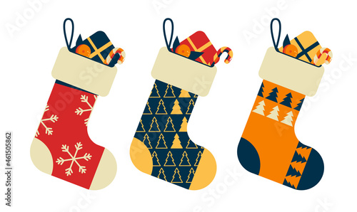 Set of stylized geometric socks or felt boots with sticking out Christmas gifts