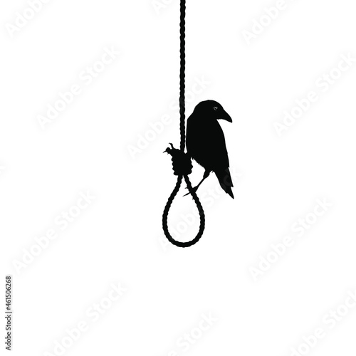 Gallows (Hanging Rope) and Crow Silhouette. Dramatic, Creepy, Horror, Scary, Mystery, or Spooky Illustration. Illustration for Horror Movie or Halloween Poster Element. Vector Illustration