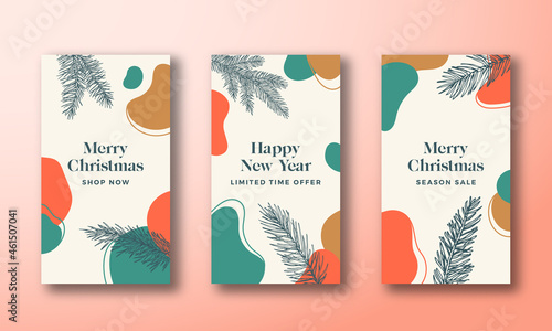 Christmas and New Year Trendy Editable Templates Set. Abstract Shapes and Hand Drawn Pine Spruce Branches for Social Networks Stories. Social Media Holidays Greetings Cards or Banners Collection