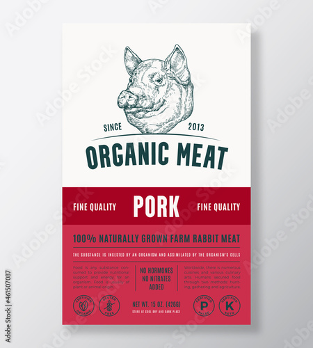 Organic Meat Abstract Vector Packaging Design or Label Template. Farm Grown Pork Steaks Banner. Modern Typography and Hand Drawn Pig Head Silhouette Background Layout with Soft Shadow