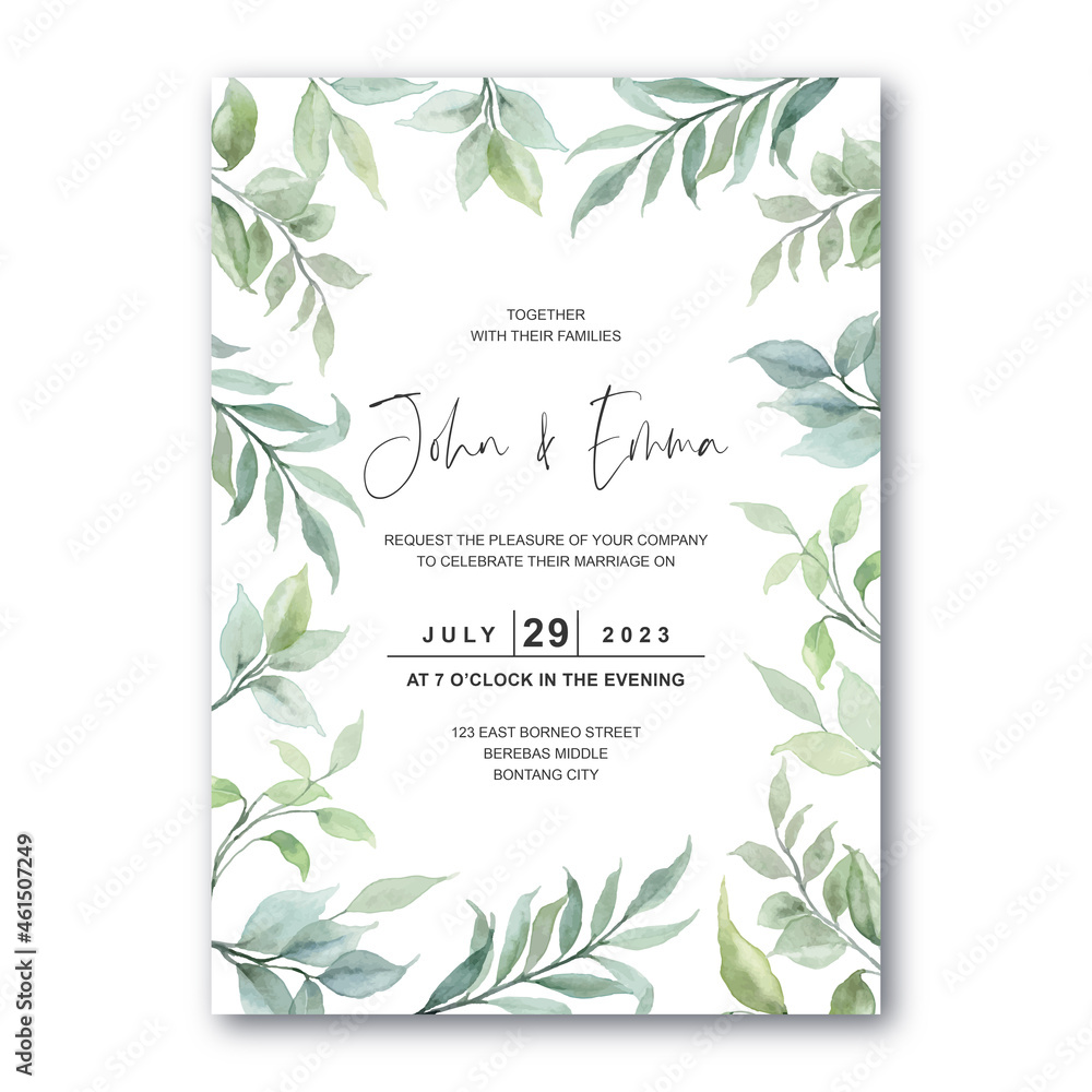 Wedding invitation card with green leaves watercolor