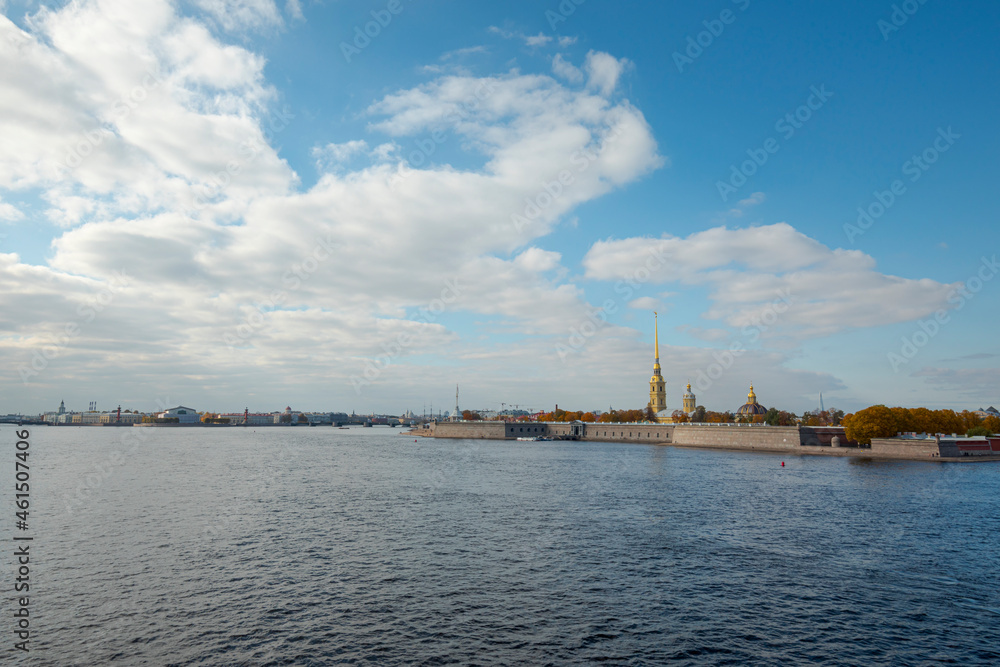 Peter and Paul Fortress and Neva river, Saint Petersburg, Russia. Autumn sunny day.