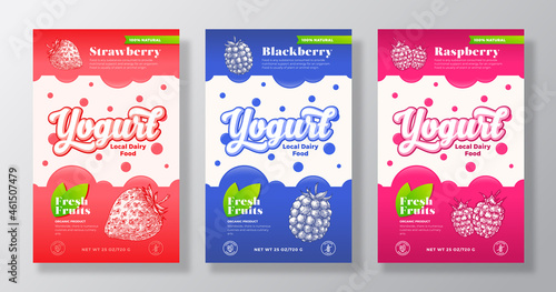 Fruits and Berries Yogurt Label Templates Set. Abstract Vector Dairy Packaging Design Layouts Collection. Modern Banner with Hand Drawn Strawberry  Raspberry  Blackberry Sketches Background. Isolated