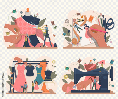 Fashion designer makes a sketch of clothes. Designing new collection in sewing studio. Clothing design concept. Creative atelier profession. Vector illustration