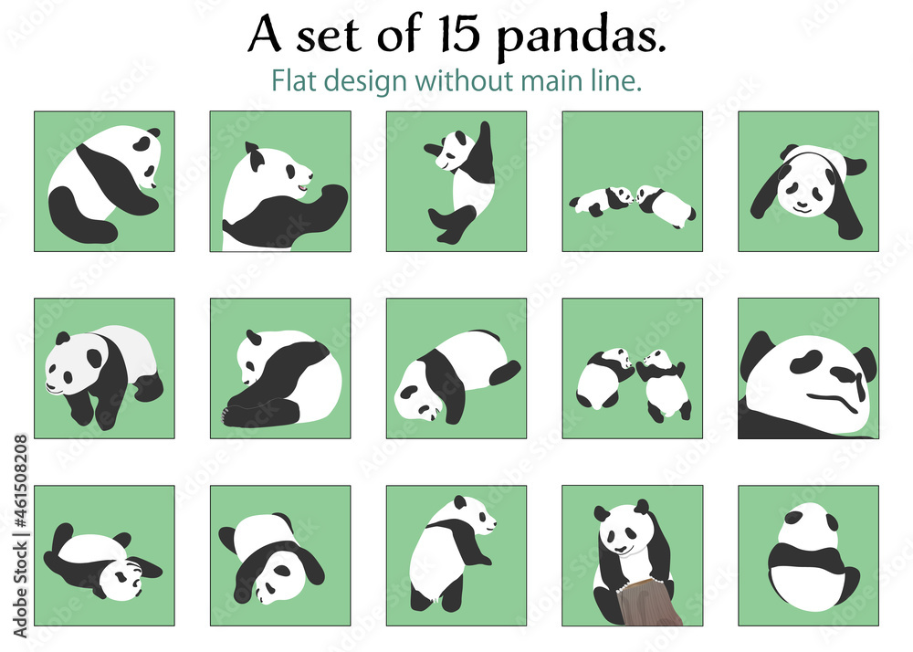 Fototapeta A set of 15 pandas. Flat design without main line. social media post, copy space, square, vector illustration, animal, graphic	