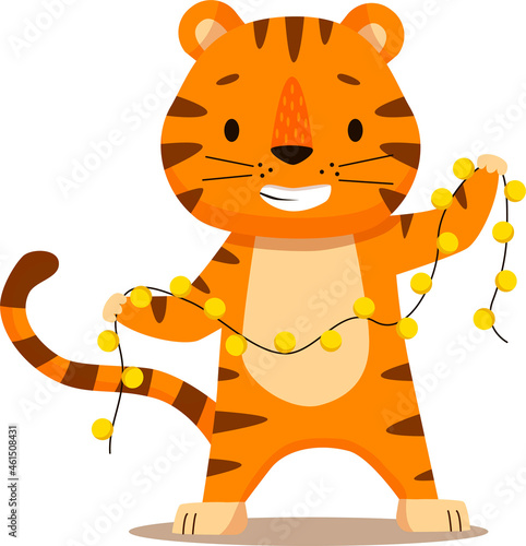 Cute cartoon tiger with Christmas lights. Flat poster for prints, kids cards, posters, t-shirts, and funny avatars. Vector illustration. Greeting card.
