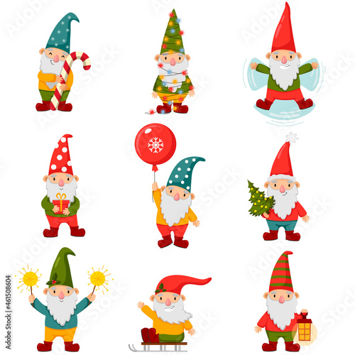 Happy cute little gnomes in winter. Funny bearded garden dwarfs with sparklers, lamps, and sled.  Colored flat vector illustration of fairytale characters isolated on white background.
