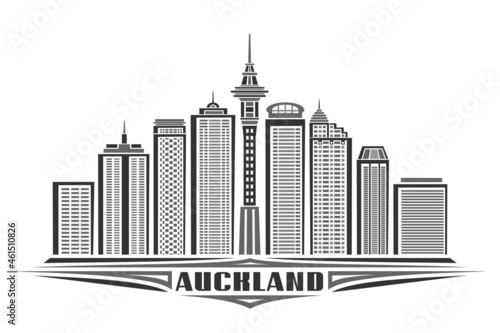 Vector illustration of Auckland  monochrome horizontal poster with linear design auckland city scape  urban line art concept with unique decorative letters for black word auckland on white background.