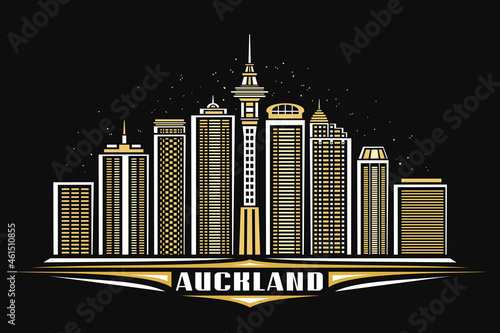 Vector illustration of Auckland, black horizontal poster with linear design illuminated auckland city scape, urban line art concept with decorative lettering for word auckland on dark background.