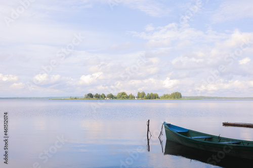 Landscape with a boat in a rural area on Lake Seliger with silence