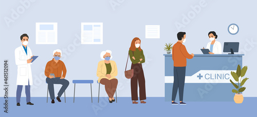 People of different ages are sitting in line. Man at the reception desk in the interior of the hospital. Vector illustration