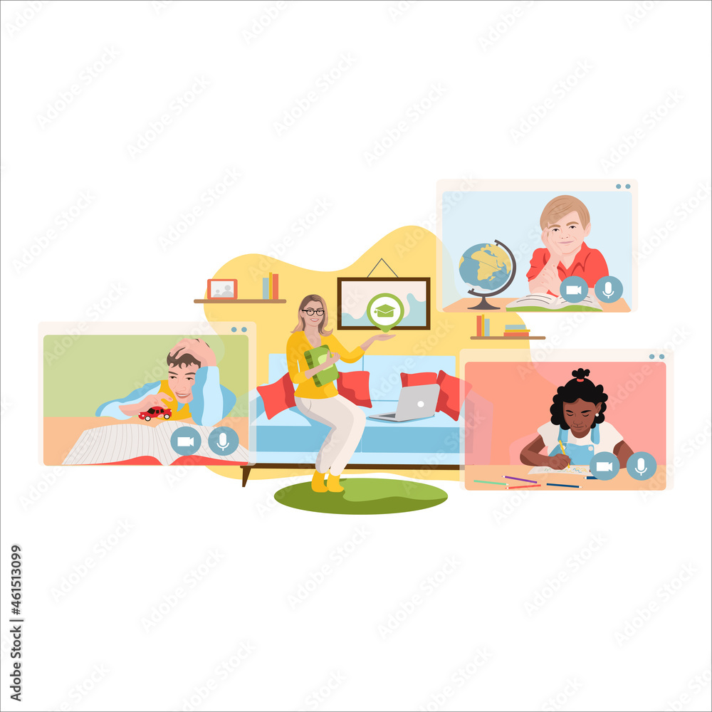 Teacher woman person teaching kids students class online. Children studying remotely during pandemic quarantine. Distance education school lesson video conference call concept Teacher woman person teaching kids students class online. Children studying remotely during pandemic quarantine. Distance education school lesson video conference call concept