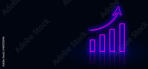 Neon Chart sign With Arrow Up. Growth and development Concept. Glowing Graph Symbol with Pink Neon Light Effect In Dark background with copy Space 