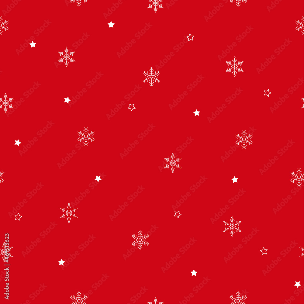  Snowflakes seamless pattern. Small white snowflakes and dots on red background. Background for winter design. 