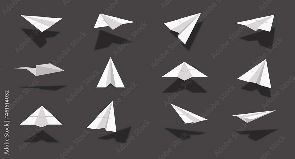 White paper planes collection with different views and angles White paper planes collection with different views and angles