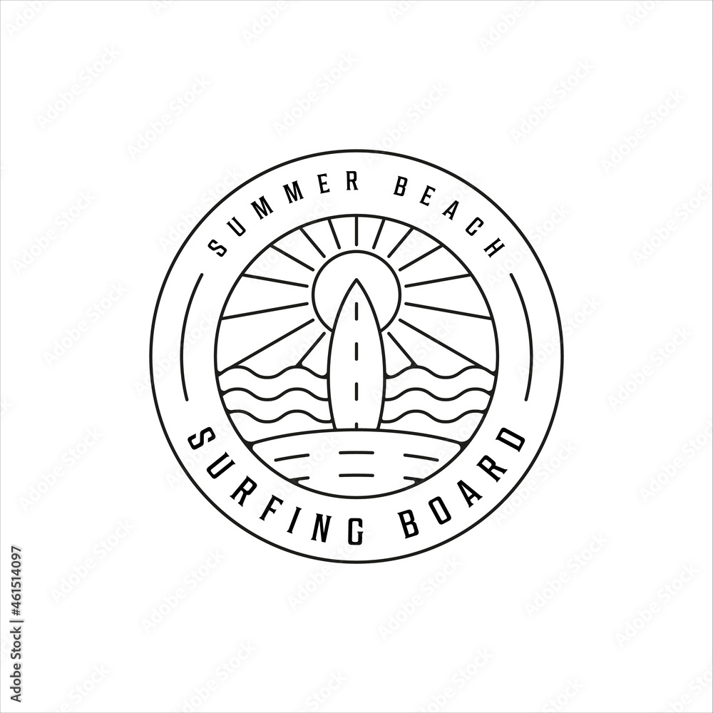 surfing island beach logo line art vector illustration template icon design. paradise with badge minimalist simple typography style surfing island beach logo line art vector illustration template icon design. paradise with badge minimalist simple typography style