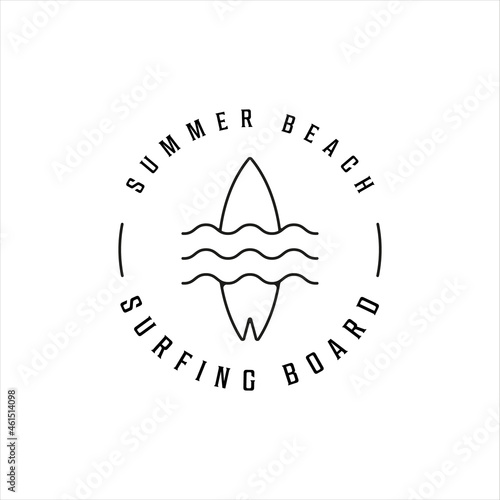 surfing wave beach line art logo vector illustration template icon design. paradise with simple minimalist typography style