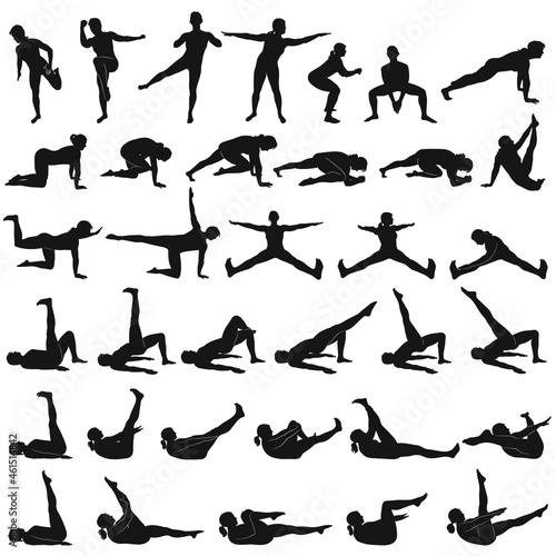 Vector silhouettes of girl practicing yoga and fitness. Shapes of slim woman doing exercises and stretching in different poses isolated on white background. Healthy lifestyle consept.