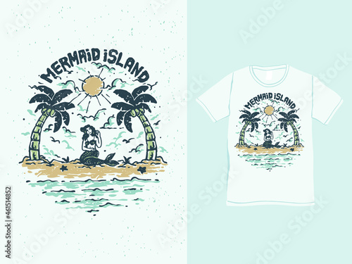 The mermaid happy in the summer beach t-shirt design