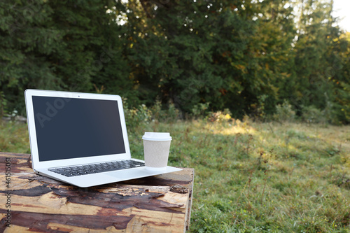 Modern laptop with blank screen and coffee cup on log in nature, space for text. Working outdoors