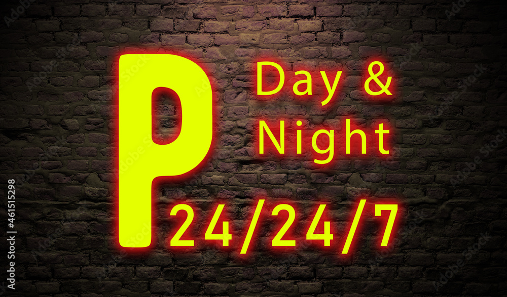 Parking day and Night  neon signboard. parking 24h / 24h hours / 7 days. Permanent Parking concept.  Auto park neon sign On brick x wall background  - obrazy, fototapety, plakaty 