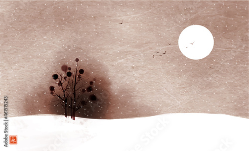 Landscape with snowfall and tree in snow covered field on vintage rice paper background. Traditional oriental ink painting sumi-e, u-sin, go-hua. Translation of hieroglyph - eternity.