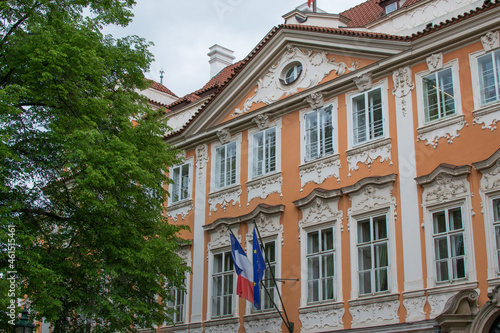 Sticker Facade of the Embassy of France with trees at the foreground in Prague, Czech Re