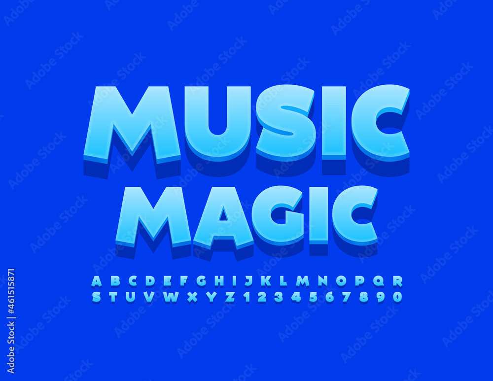 Vector creative Emblem Music Magic. Bright Blue 3D Font. Modern Alphabet Letters and Numbers Vector creative Emblem Music Magic. Bright Blue 3D Font. Modern Alphabet Letters and Numbers